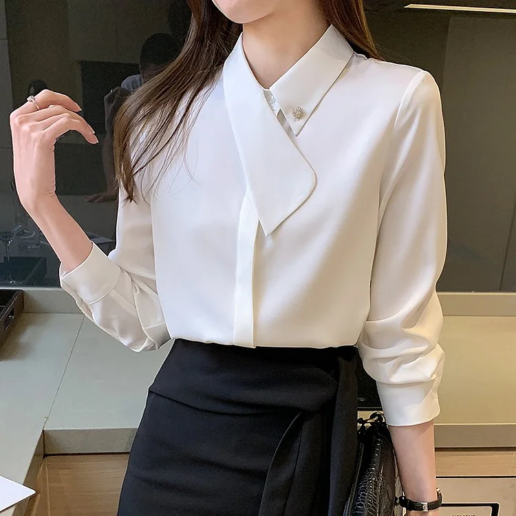 White Buttoned Plain Casual Shift Shirts & Tops QueenFunky
