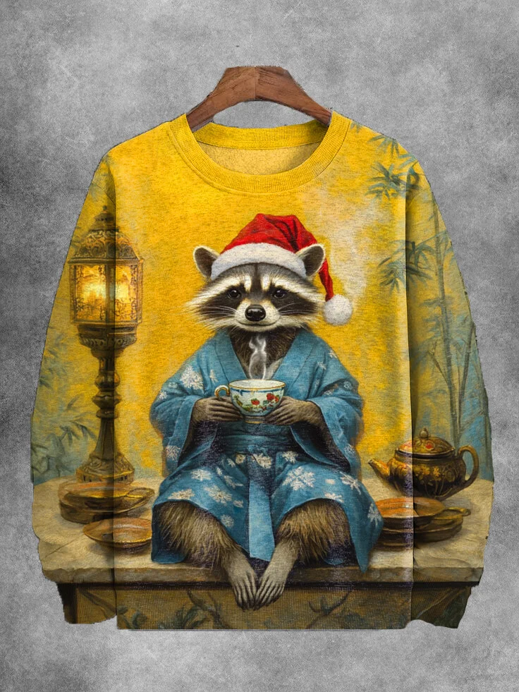 Men's Christmas Kimono Raccoon Tea Tasting Print Casual Sweatshirt
