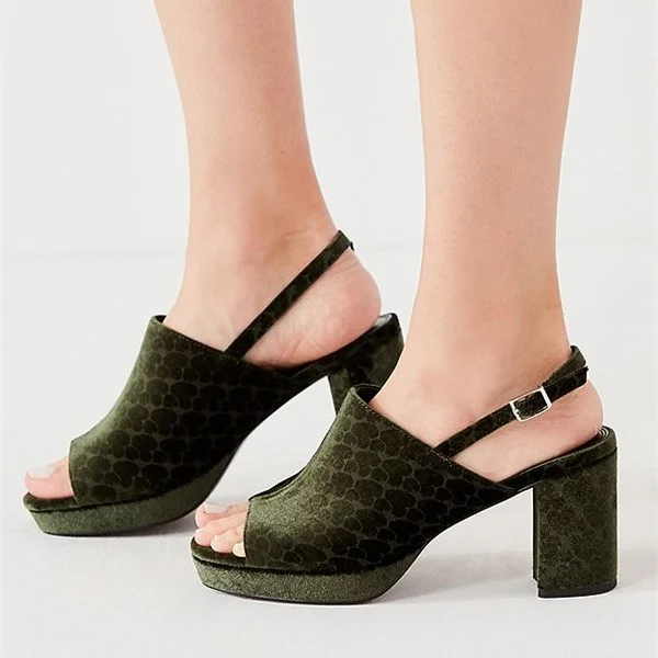 Olive Green Slingback Heels Open Toe Platform Chunky Heel Sandals |FSJ Shoes