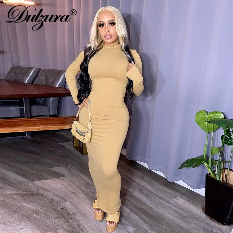 Dulzura Solid Women Midi Dress Long Sleeve Gloves Hollow Out Backless Bodycon Sexy Party Elegant Streetwear Autumn Winter 2020