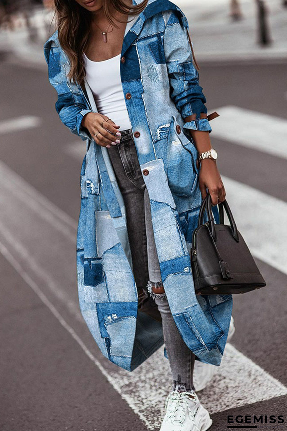 Blue Street Print Patchwork Hooded Collar Outerwear | EGEMISS