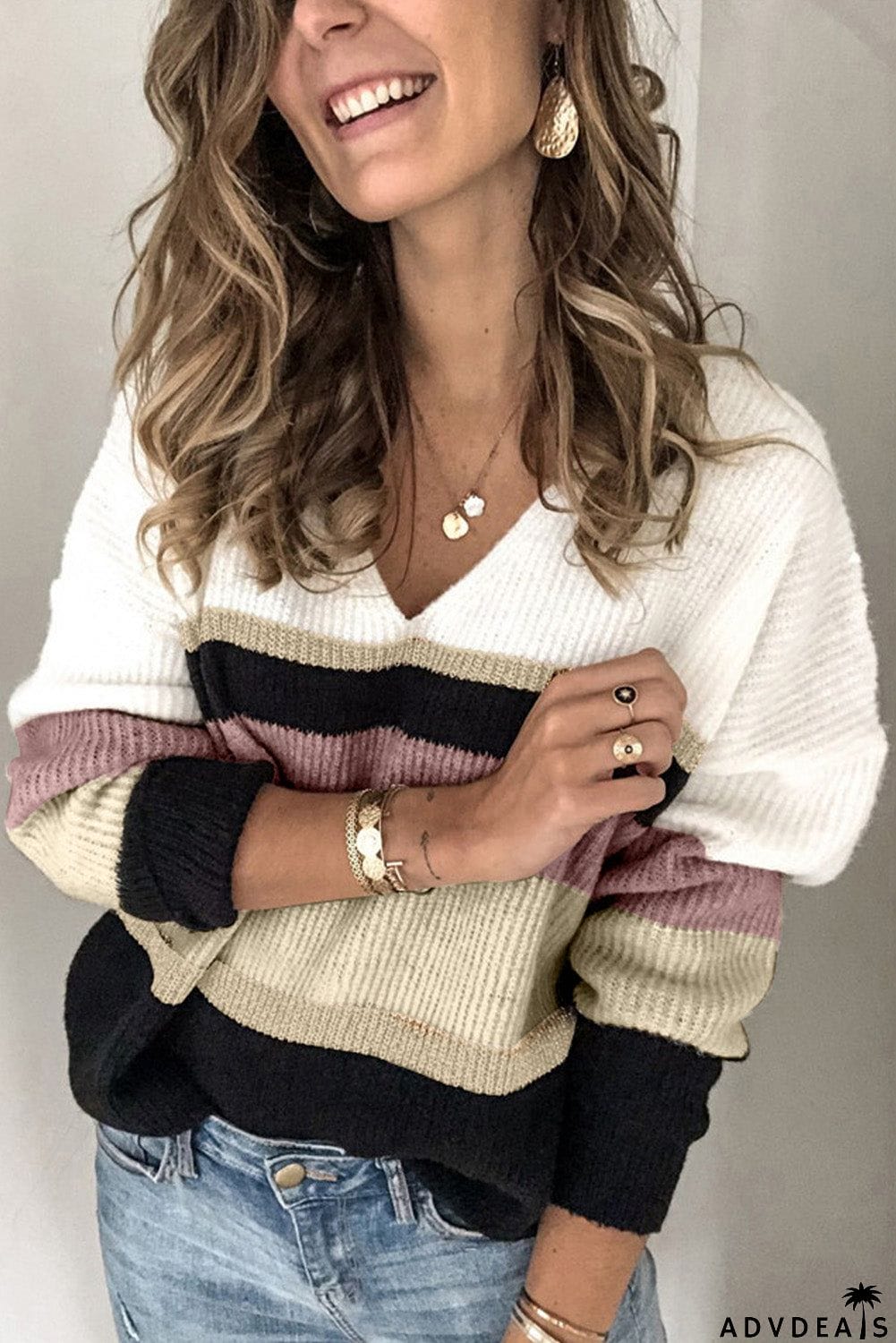 Khaki Colorblock V Neck Ribbed Knitted Sweater
