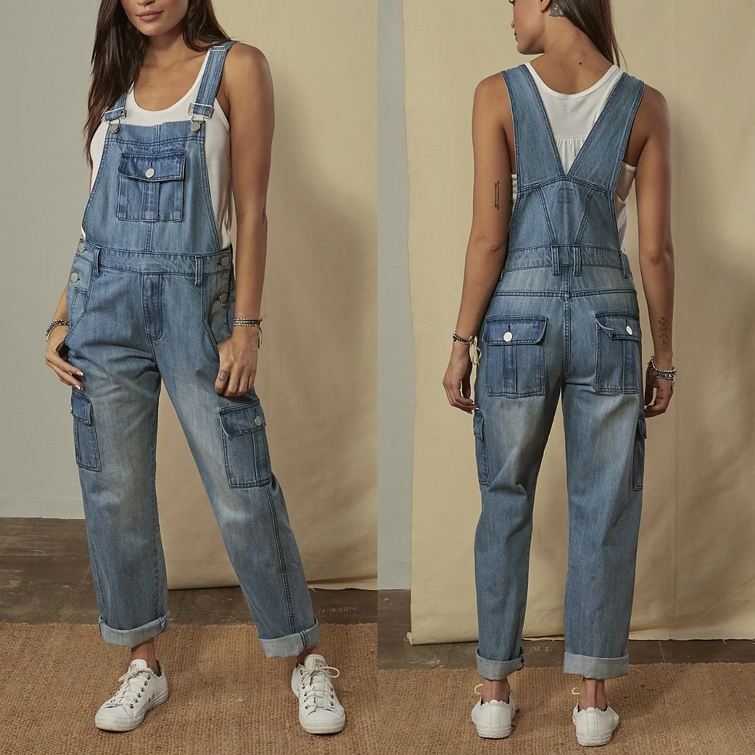 Women's Ripped Multi-pocket Jumpsuit Denim Overalls