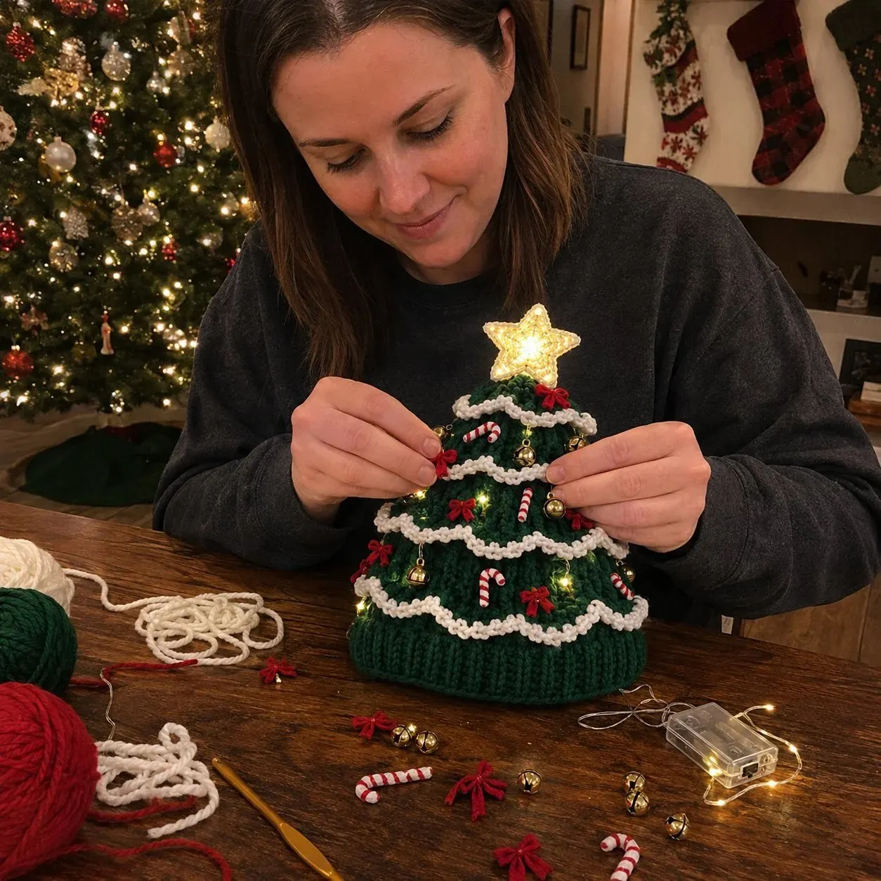 Handmade crochet Christmas tree hat detail