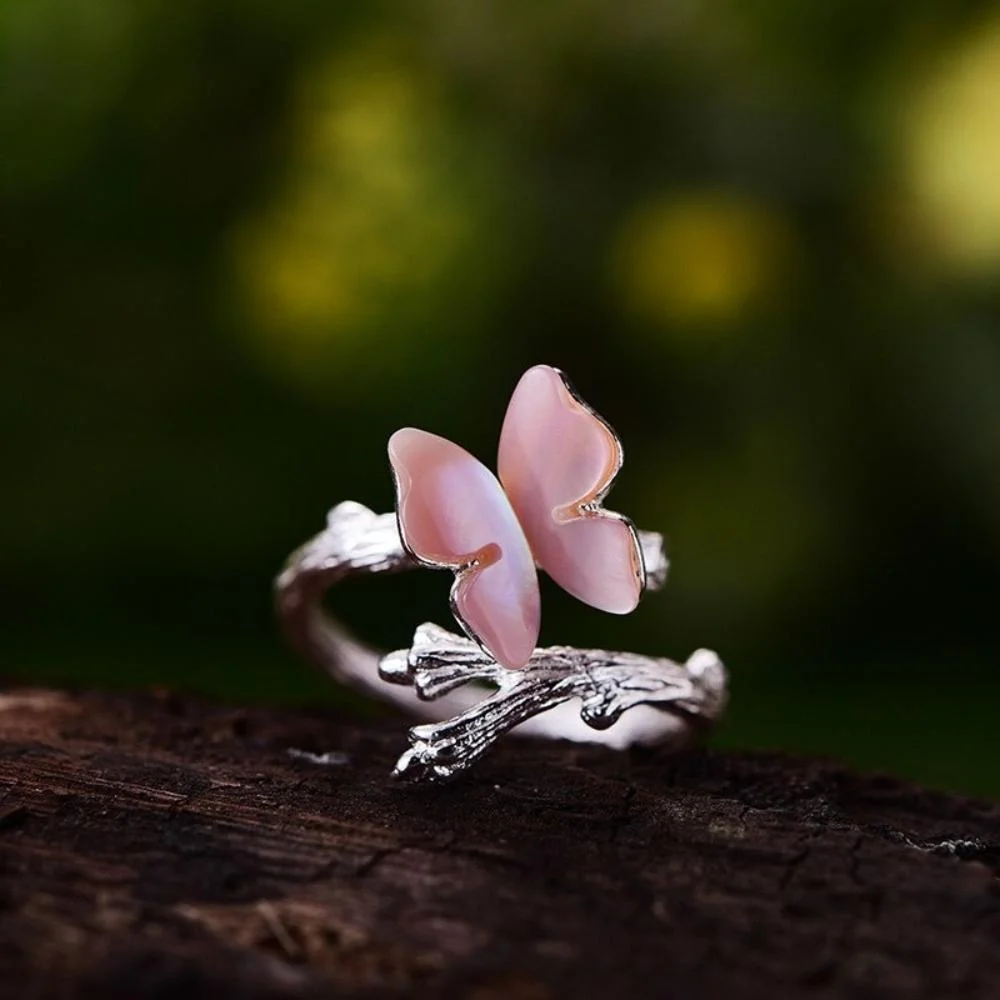 Adjustable Butterfly on Branch Sterling Silver Ring