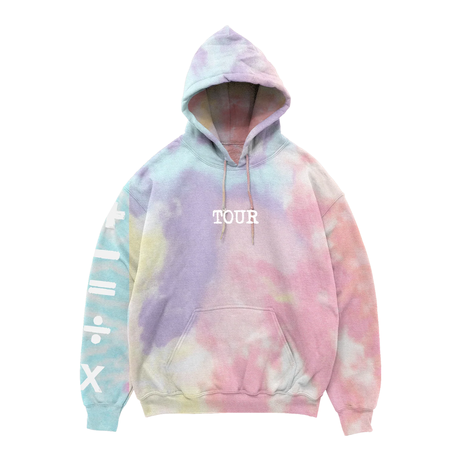 "Mathematics Tour tie dye hoodie with sleeve symbol print and chest text"