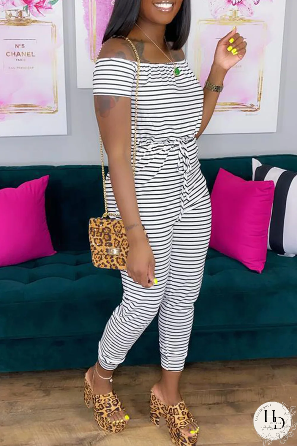 Black Casual Striped Split Joint Off the Shoulder Skinny Jumpsuits