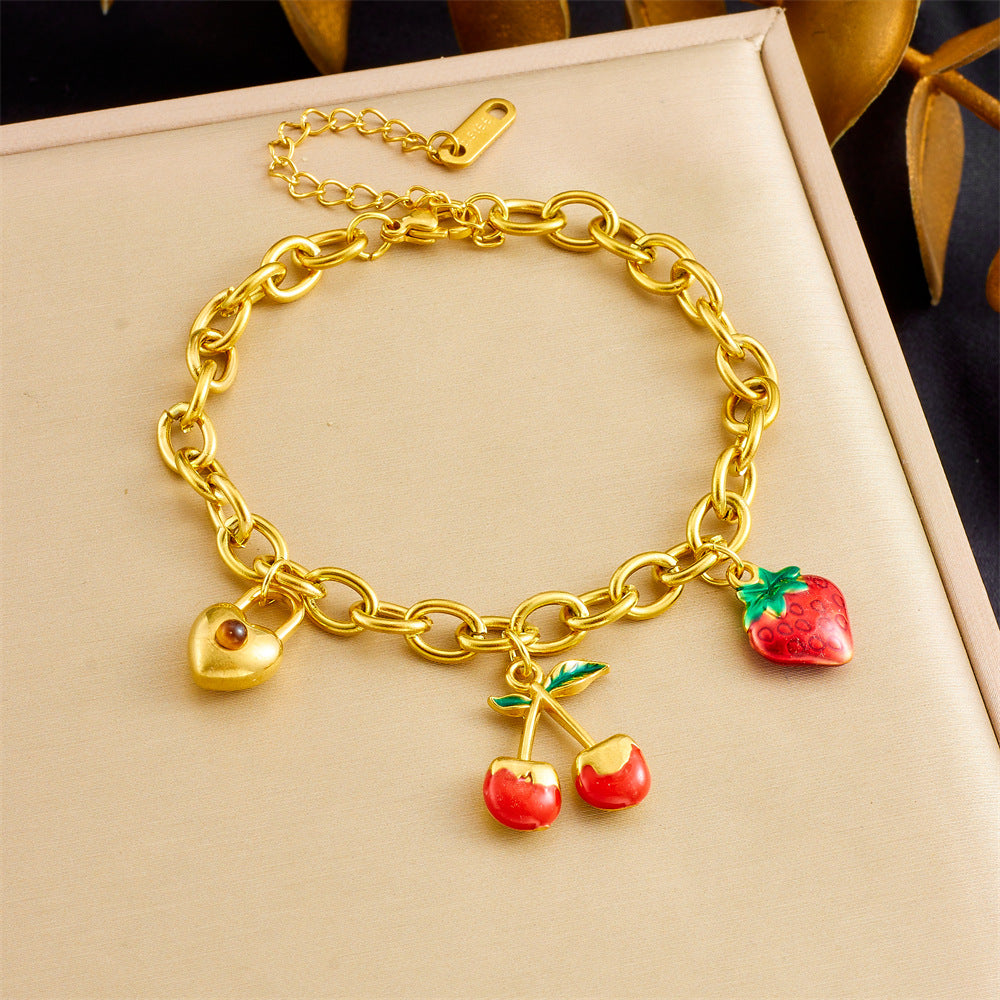 Sweet Forest Cherry Love Lock Pendant Female Ins All-Match Stainless Steel Gold-Plated Bracelet Summer Jewelry