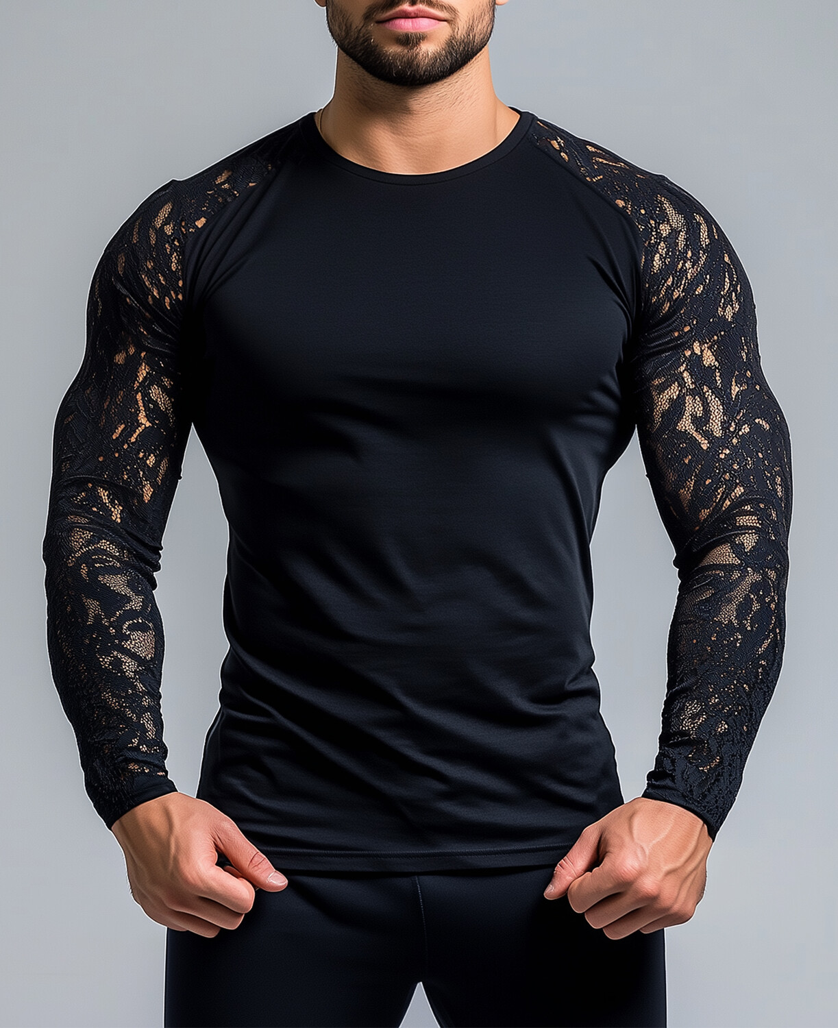 Okaywear Lace Patchwork See-Through Crew Neck Long Sleeve T-Shirt