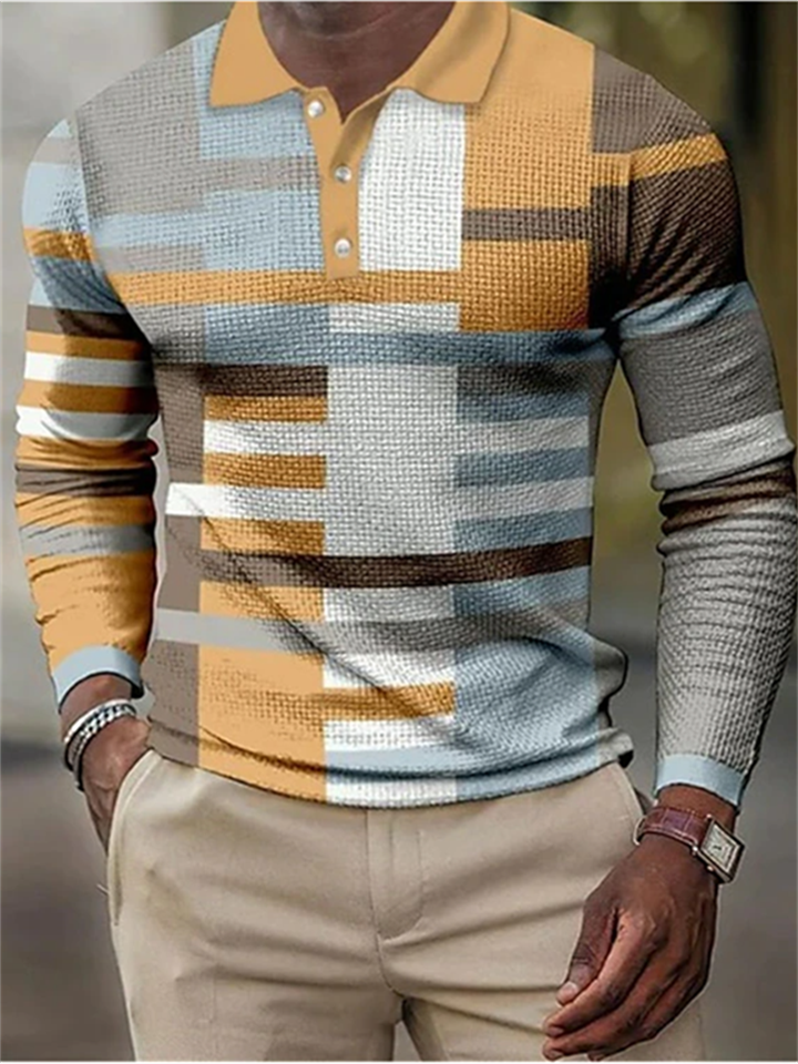Men's Polo Shirt Golf Shirt Waffle Polo Shirt Striped Graphic Prints Geometry Turndown White Blue Purple Orange Gray 3D Print Outdoor Street Long Sleeve Button-Down Print Clothing Apparel Fashion