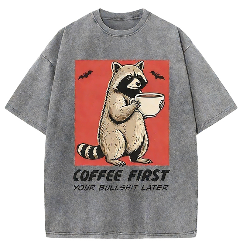 Raccoon Drinking Coffee Japan Washed T-shirt artswardrobe