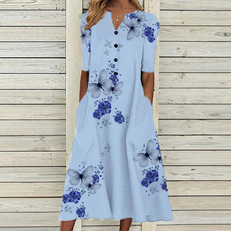 Elegant Women V-neck Button Summer Print Casual Dress