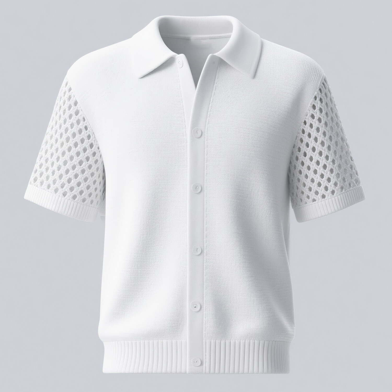 Men's Knit Hollow Out Short Sleeve Turndown Collar Button Shirt