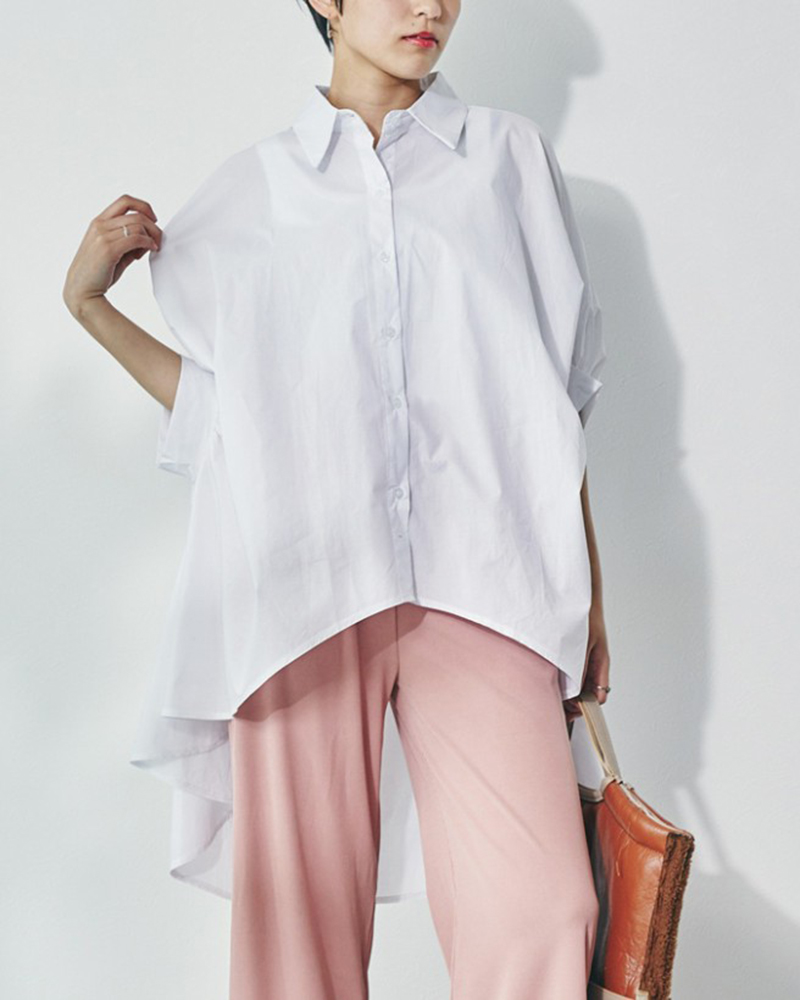 Batwing Sleeve Asymmetric Hem Single Breasted Shirt