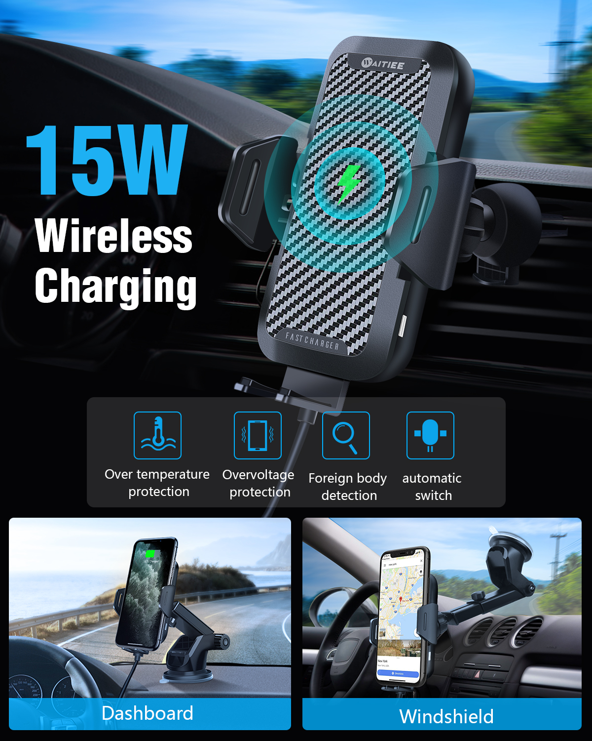 WAITIEE Wireless Car Charger Mount 15W Fast QI Charging Mobile Phone Car  Charger, Auto Clamping Vent Dashboard for iPhone 12/11/11 Pro / 11 Pro  Max/XS/XR/X / 8 Plus / 8 / Samsung/Google/LG