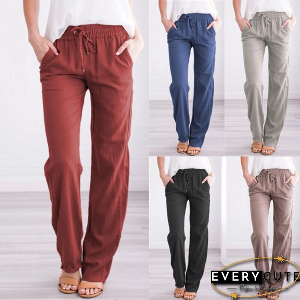Summer Women's Cotton Linen Drawstring Loose Wide-Leg Pants Hot Sale Long Trousers With Pocket