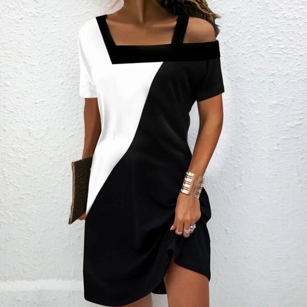 Black and White Color Block Asymmetrical Cold Shoulder Mini Dress