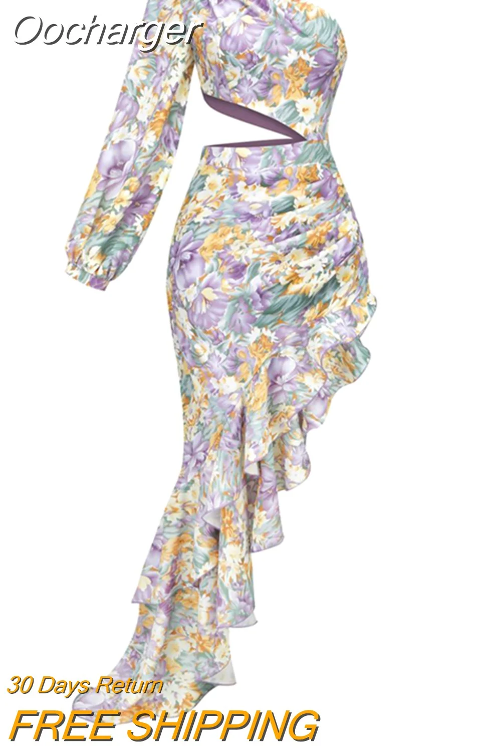 Oocharger Asymmetrical Ruffles Dresses For Women Diagonal Collar One Shoulder Long Sleeve High Waist Bodycon Dress Female New