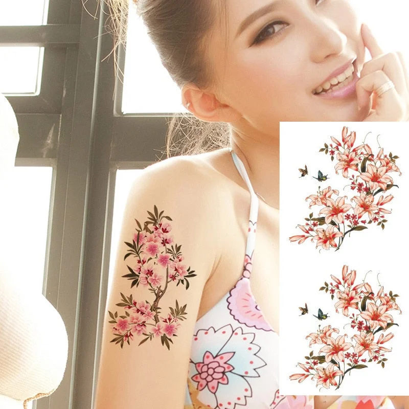 1 Piece Temporary Tattoo Sticker Colorful Peach Blossom Design Women Shoulder Body Art Water Transfer Tattoo Sticker Fashion