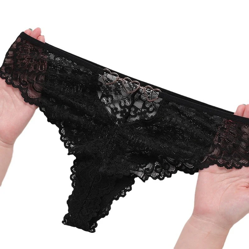 Uveng Sex Underwear Lace Perspective Large Size Sexy T-Sants Female Delicate Metal Buckle Lady Cotton Crotch T-Shirt Underwear