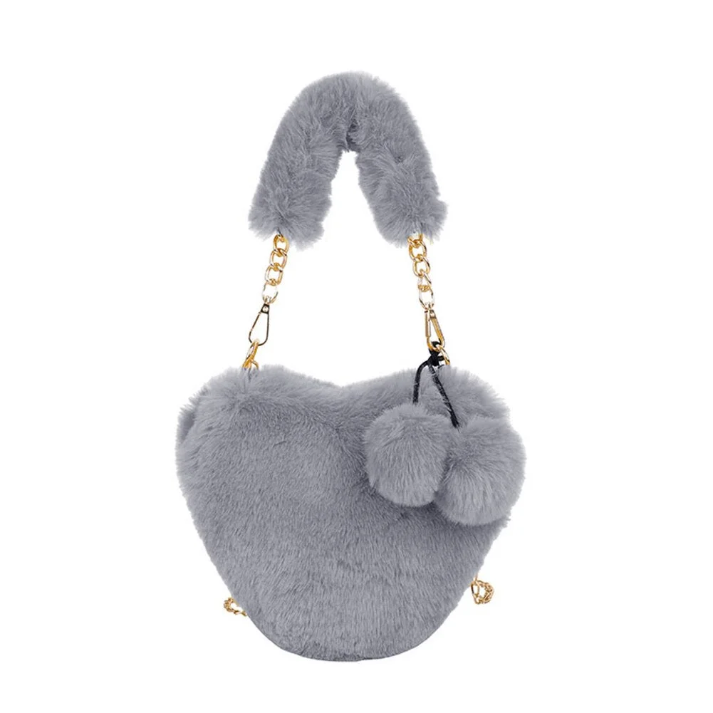 Autumn Winter Chain Messenger Bag Casual Women Plush Love Shaped Handbag Mini Street Travel Money Purse