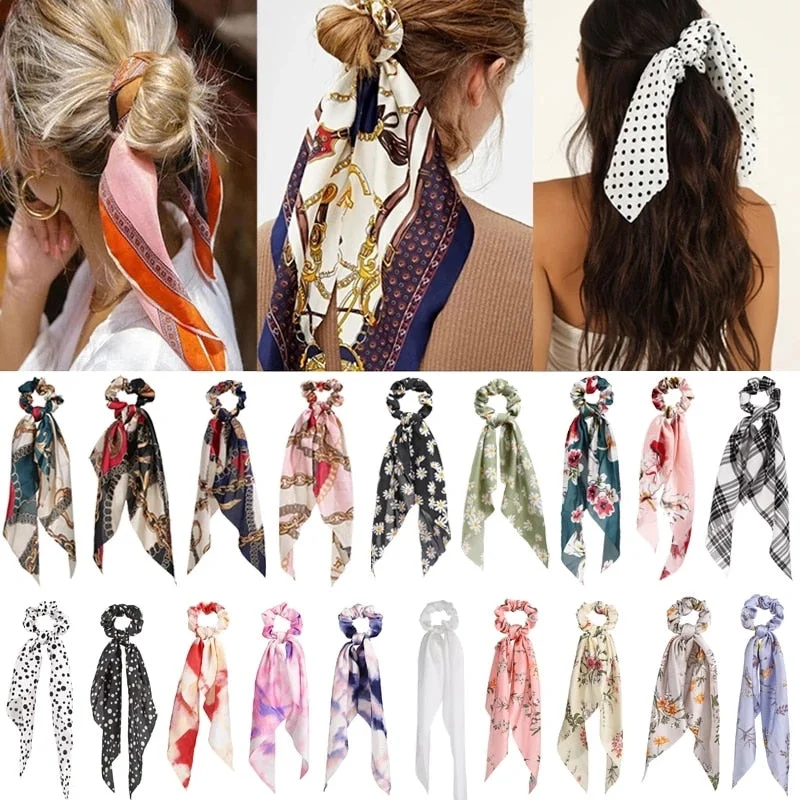 Korean Bow Long Ribbon Hair Scrunchie Chiffon Floral Print Sweet Elastic Hair Band Ponytail Hair Scarf Hair Tie Hair Accessories