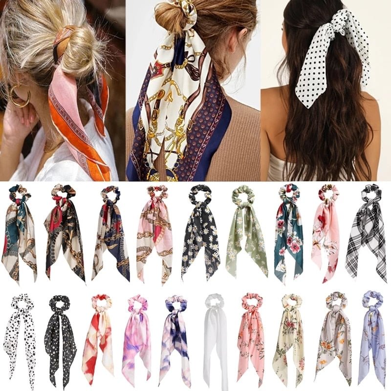Korean Bow Long Ribbon Hair Scrunchie Chiffon Floral Print Sweet Elastic Hair Band Ponytail Hair Scarf Hair Tie Hair Accessories