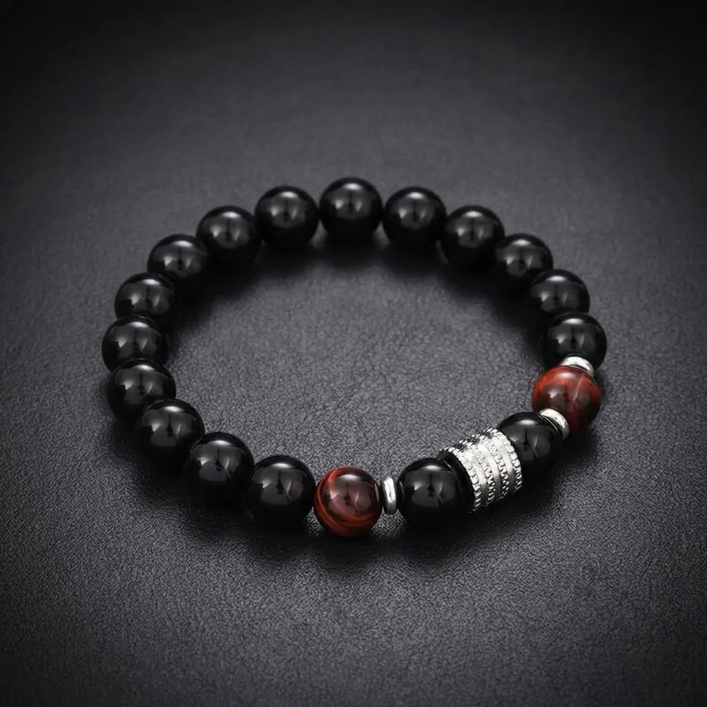 The Sovereign Collection: Premium Tiger Eye & Obsidian Men&rsquo;s Beaded Bracelet Crimson Tiger Eye Edition