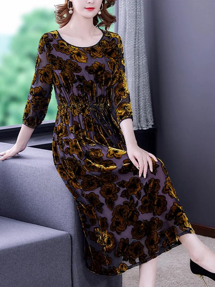 Elegant Retro Temperament Printed Mid-length Gold Velvet Dress