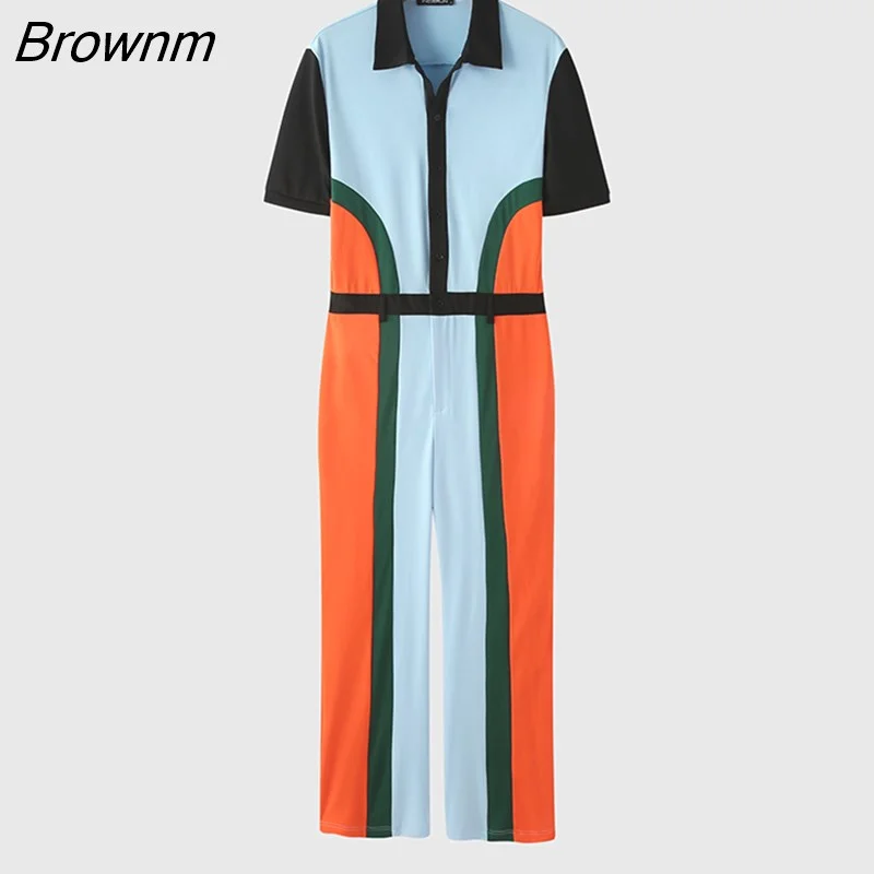 Brownm Men Jumpsuits Patchwork 2023 Lapel Short Sleeve Button Casual Rompers Streetwear Leisure Fashion Men's Overalls S-5XL INCERUN
