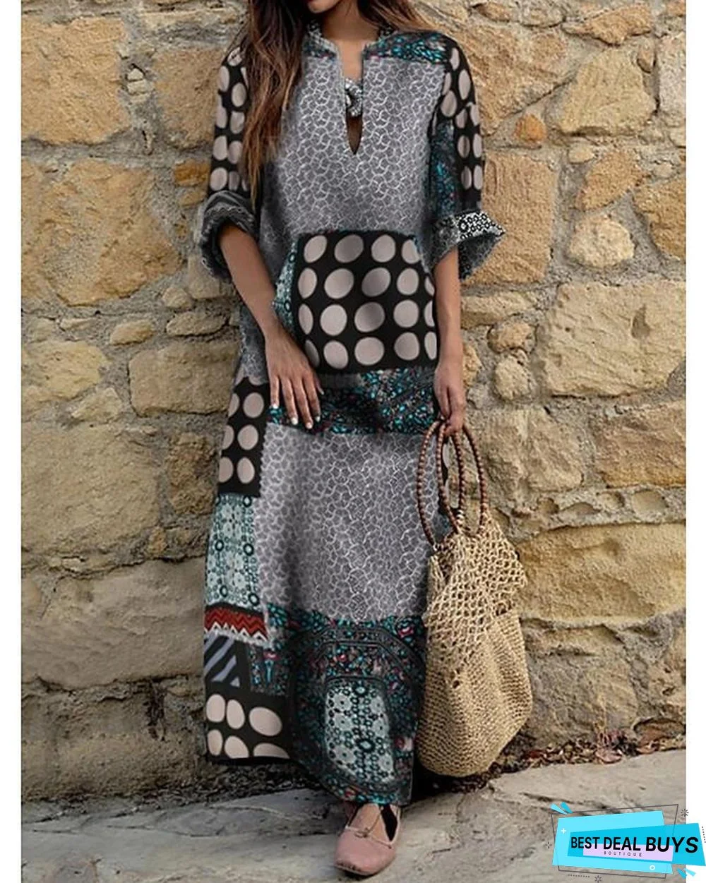 Women's Shift Dress Knee Length Dress Long Sleeve Print Summer Casual Cotton Wine Navy Blue