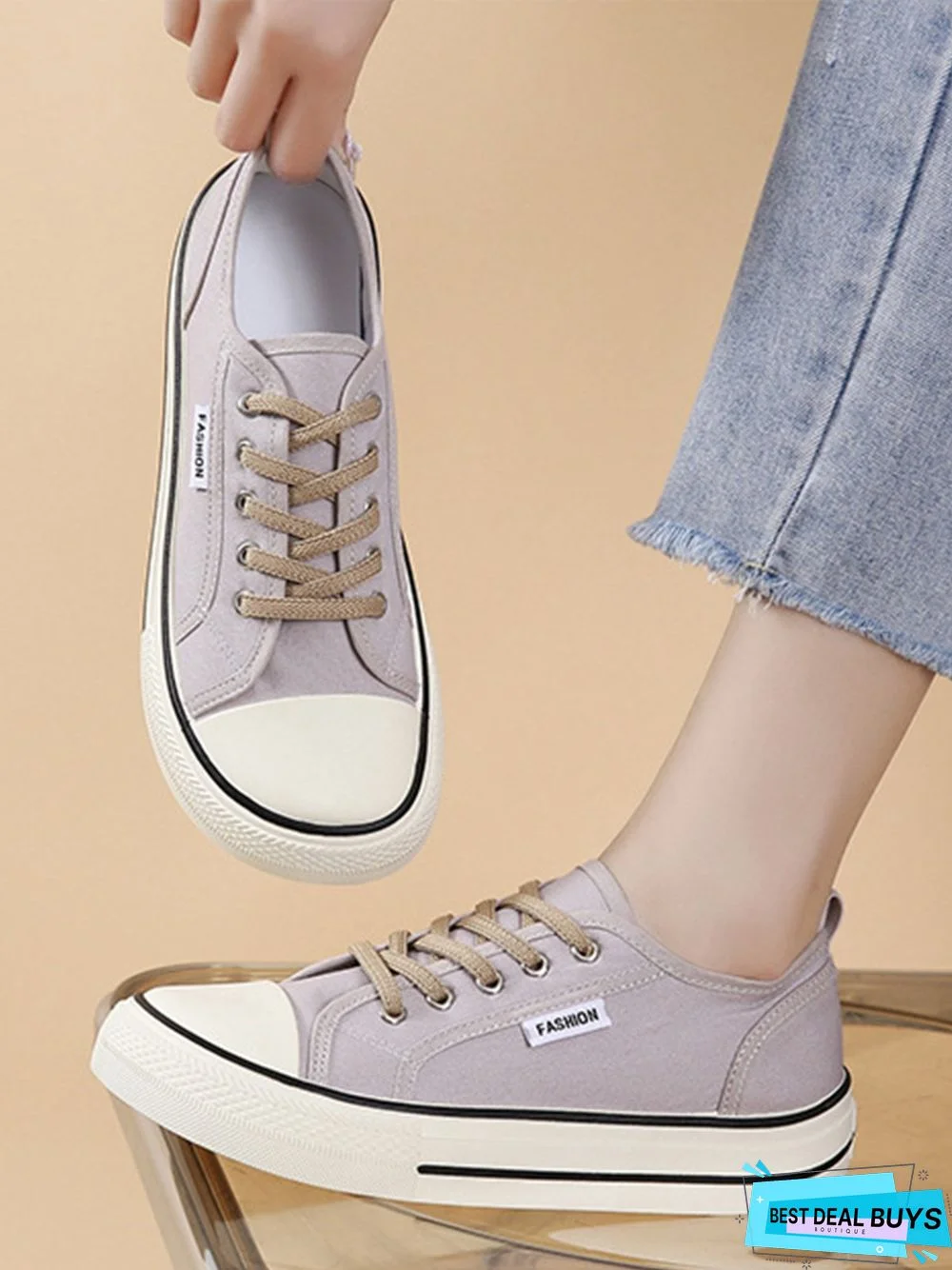 Casual Plain Color Split Joint Comfy Square Toe Lace-Up Canvas Shoes