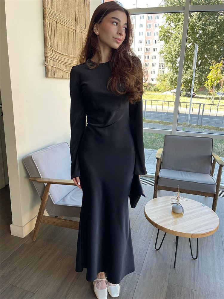 Ootddress Solid High Waist Fashion Maxi Dress For Women Long Sleeve Patchwork Slim Elegant Party Dress Autumn 2025 Female Long Dress