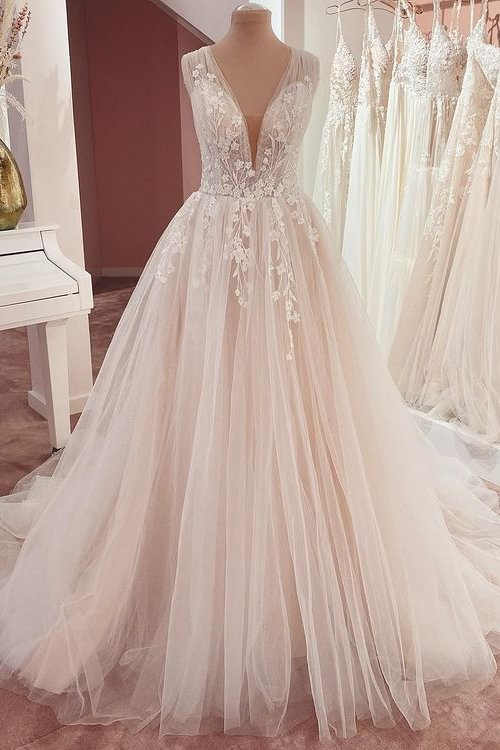 Pretty Wide Straps A-Line Ruffles Tulle Wedding Dress With Appliques Lace | Ballbellas Ballbellas