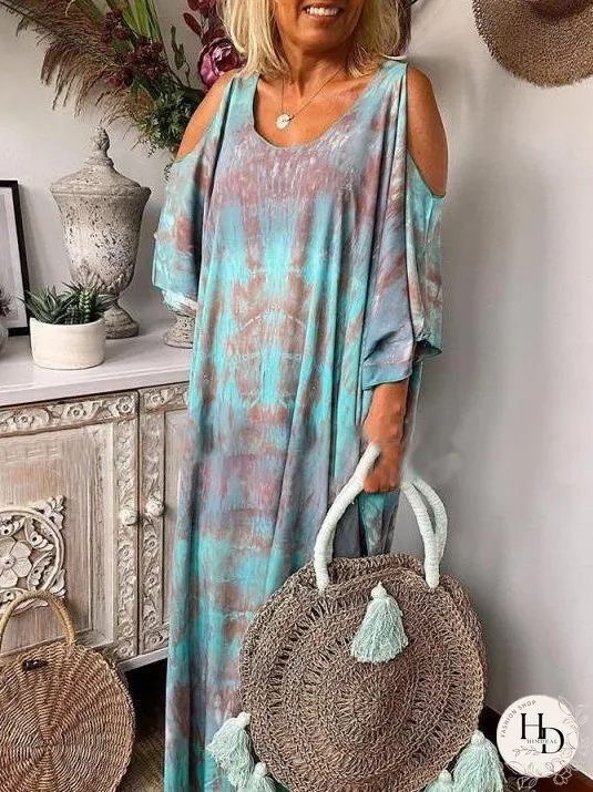 Dresses Loose Tie-Dye Printed Off-The-Shoulder Long Sleeve Dress for Women
