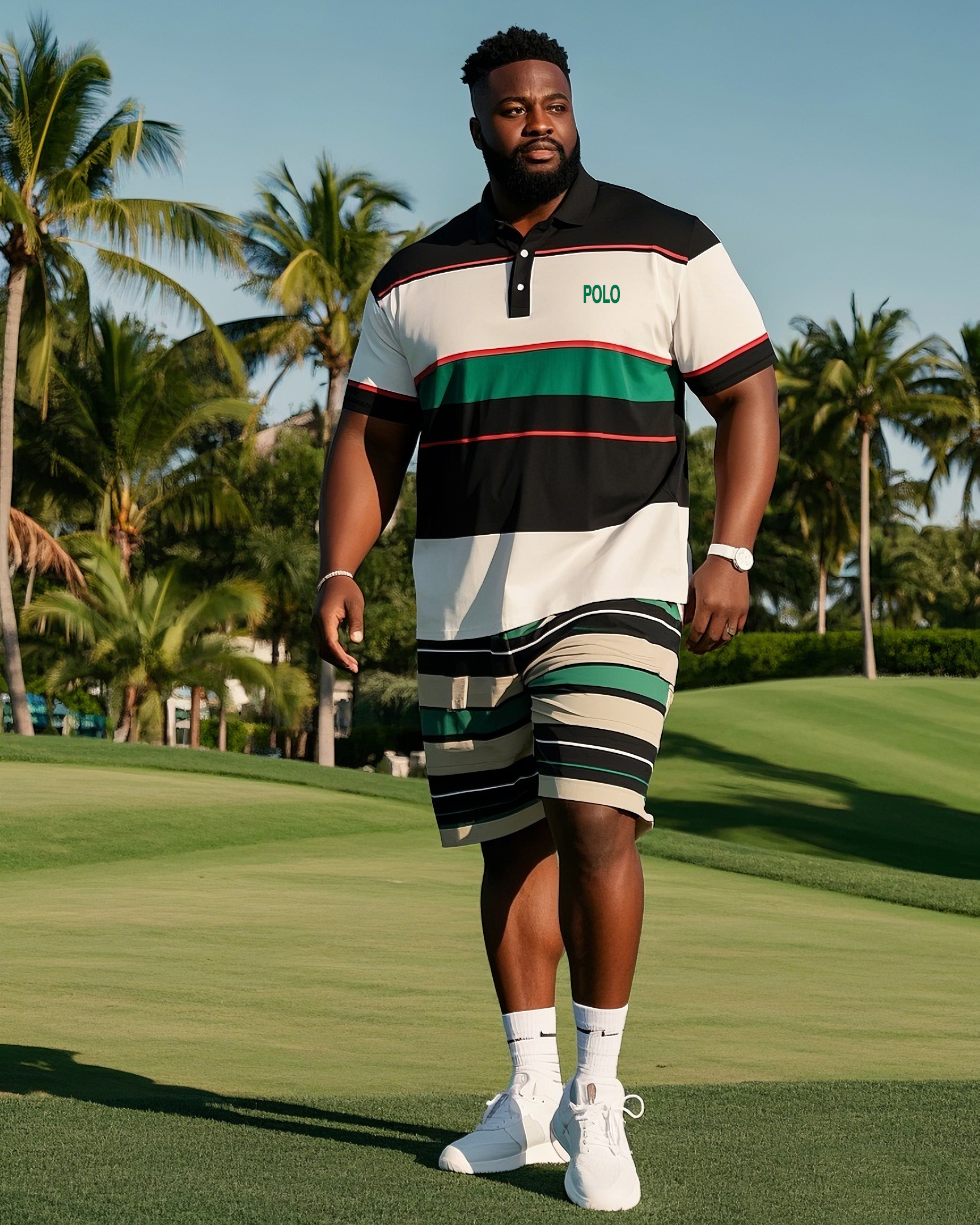 Big Men's Polo Shirt Striped Geometric Short Sleeve Polo Shirt Shorts Suit