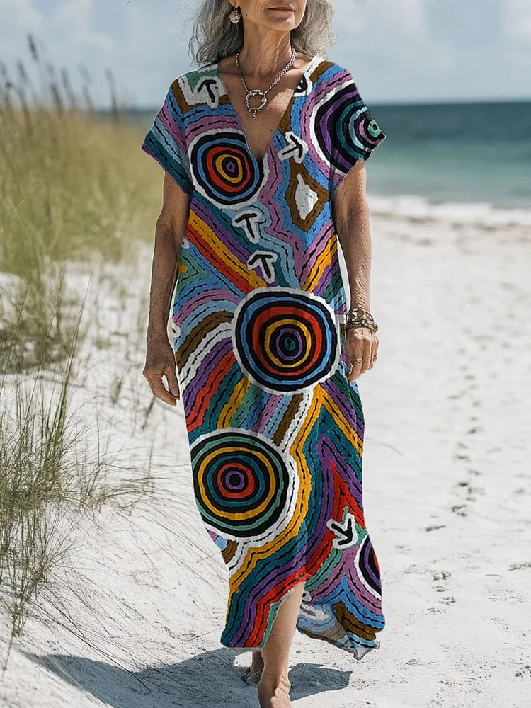 Women's Vintage Art Print Pocket Cotton Dress