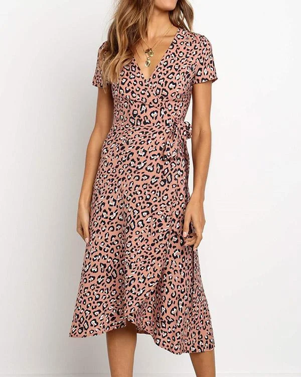 chiffon leopard printed v neck high waist lace up dress p110644