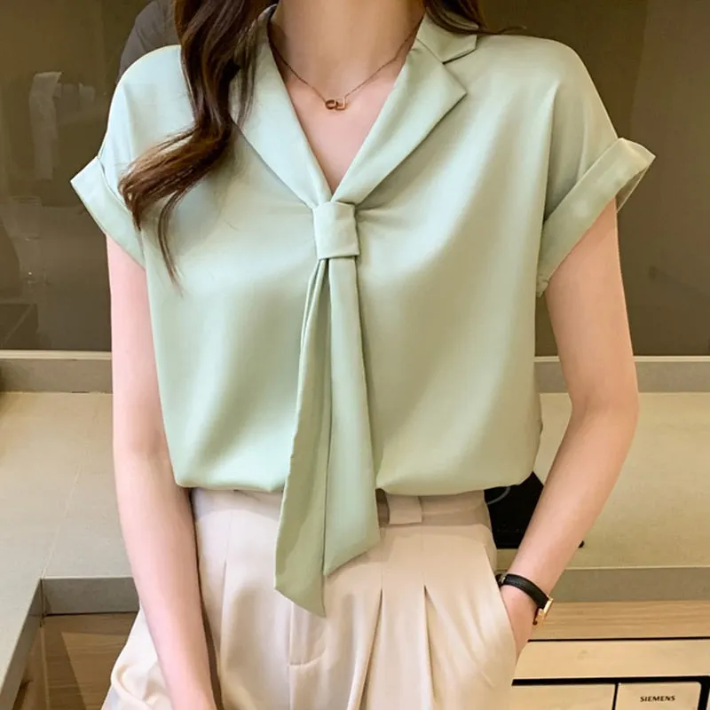 2021 Summer Short Sleeve Chiffon Shirt Women V-neck Tie Solid Loose White Blouses And Shirts Korean Plus Size Women Tops 13926