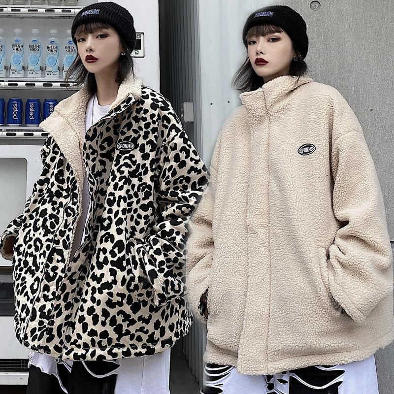 Leopard Print Women Fleece Jackets Motorcycle Jacket Faux Lamb Fur Kawaii Coat Teddy Fur Coat Fleece Parkas Cropped Stripeed