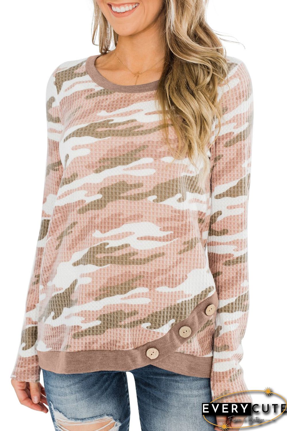 Pink Camo Print Button Waffle Knit Long Sleeve Top