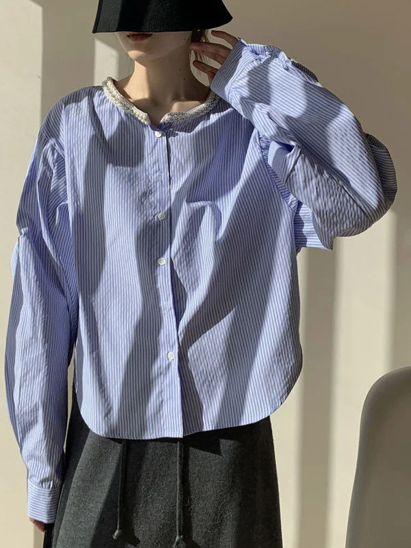 Athvotar Athvotar Spring Round Collar Single Buckle Pearl Necker Casual Striped Shirt Women Casual Ocean Sweet Top
