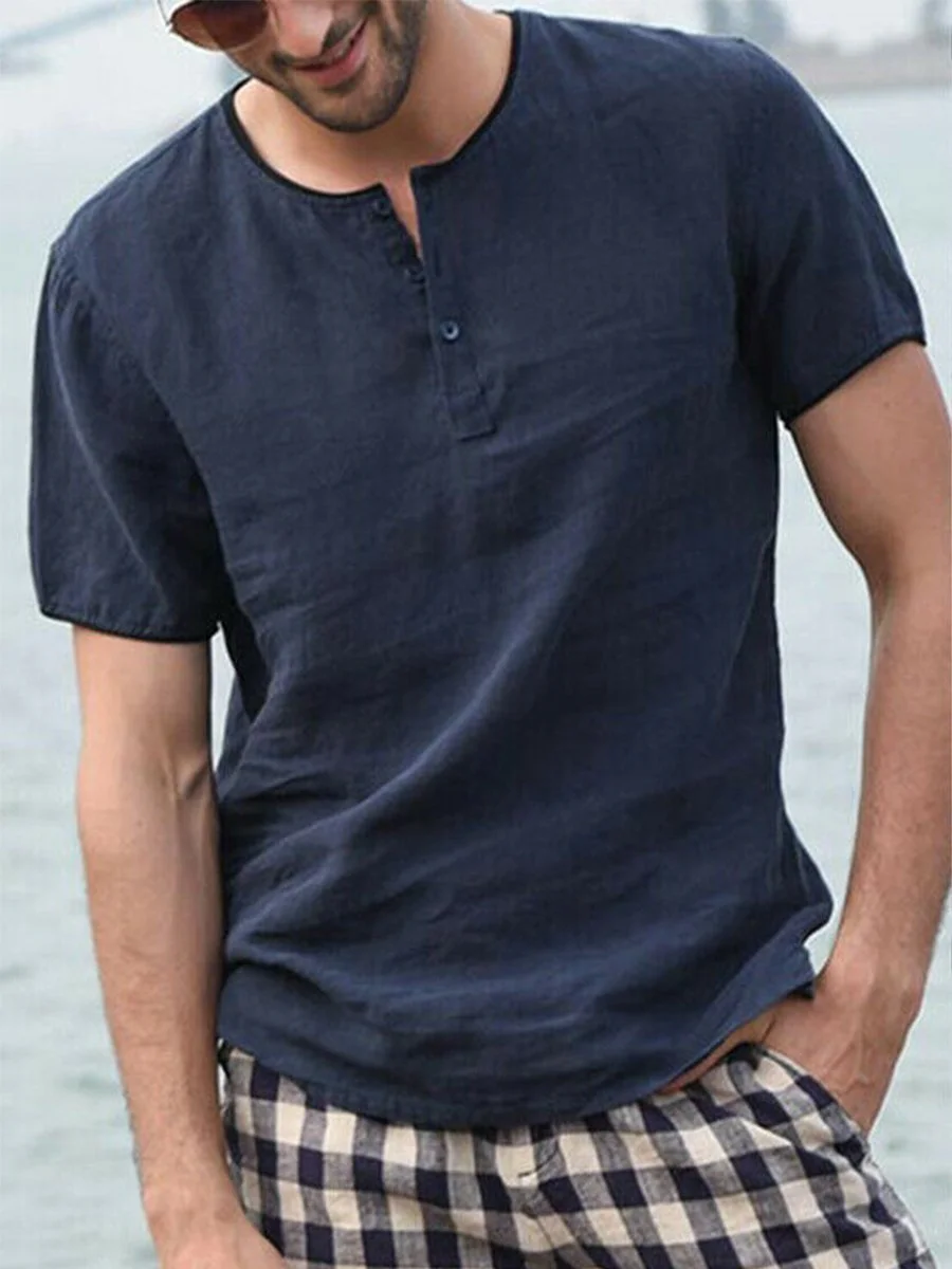 Men's short-sleeved v-neck solid color cotton and linen shirt