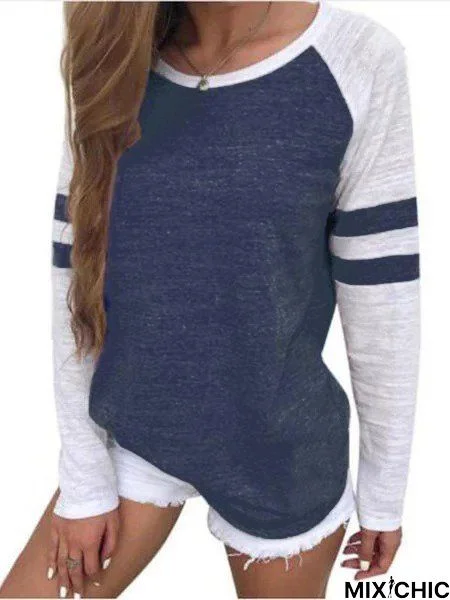 Tri-color striped long-sleeved T-shirt round collar shirt