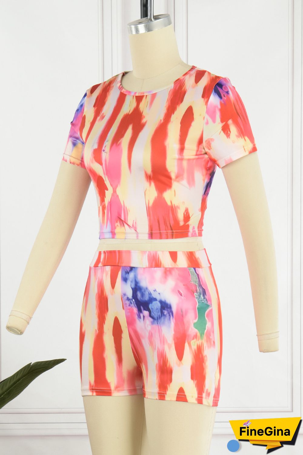 Red Casual Print Basic O Neck Short Sleeve Two Pieces