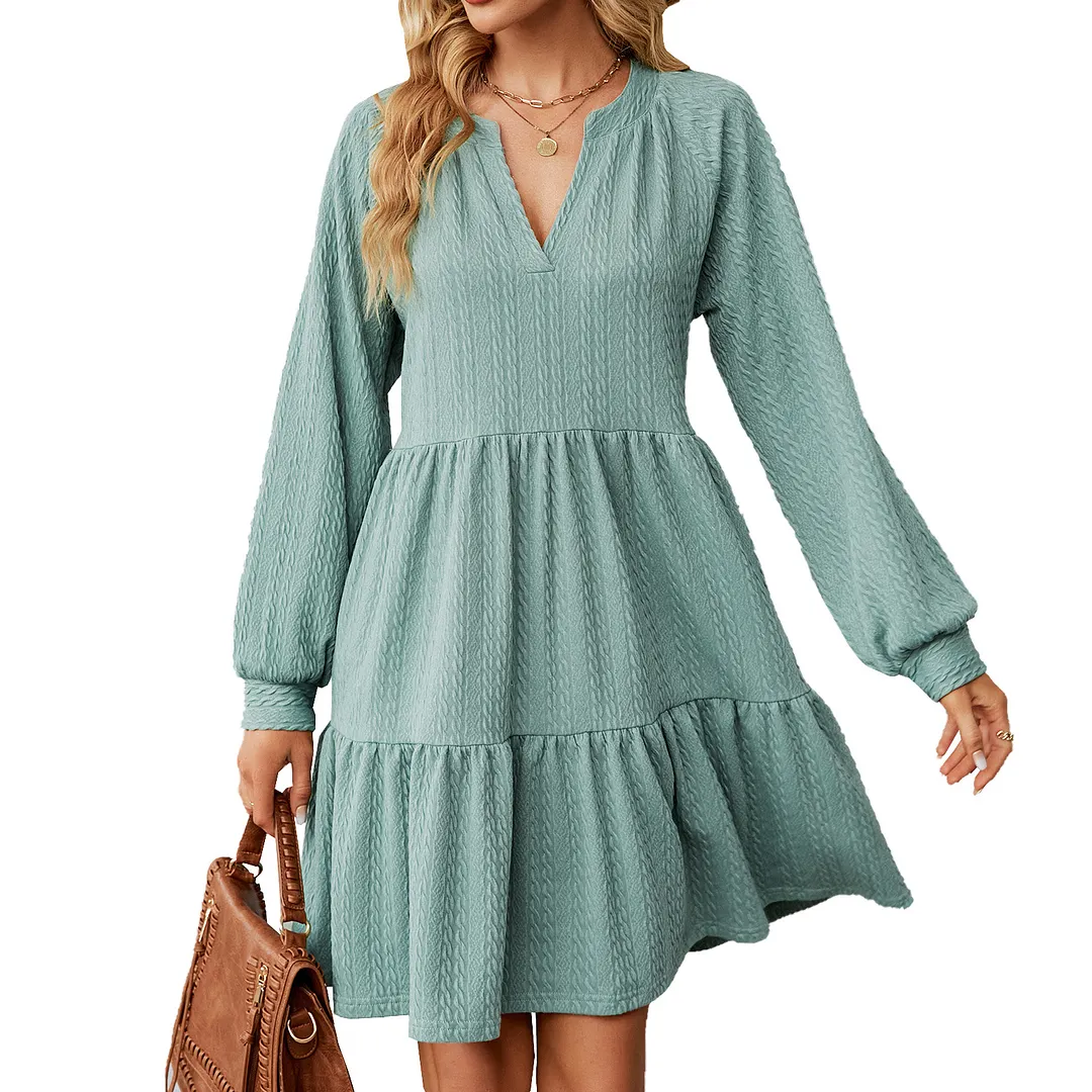 Churchf Churchf Autumn And Winter New V Collar Small Twist Pure Color Long Sleeve Loose Casual Dress Female