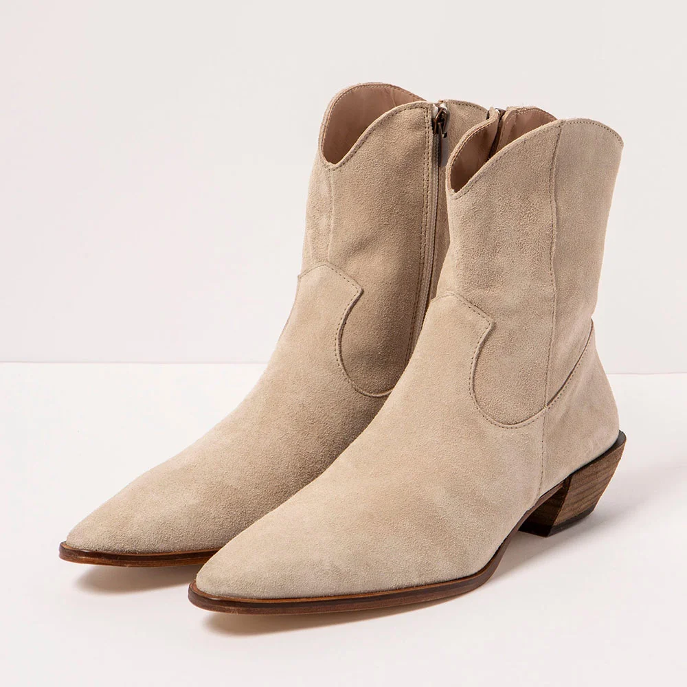 YDN Khaki Vegan Suede Chunky Heel Almond Toe Booties for Women