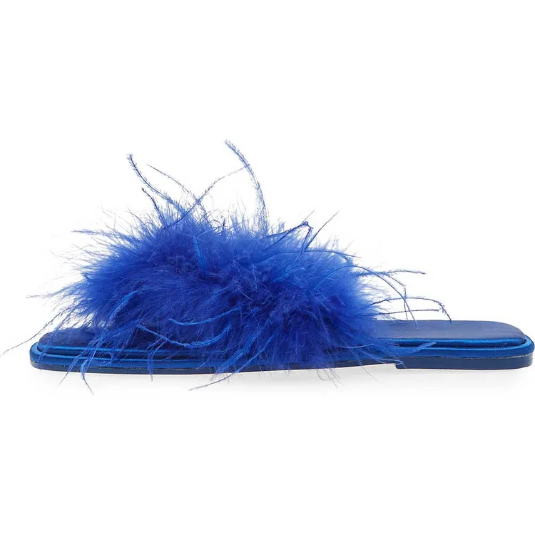 Blue Satin Flat Shoes Open Toe Faux Feather Slides for Women |FSJ Shoes