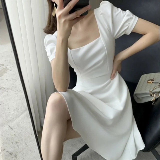 Dress Short-Sleeve Square Plain Neck Midi A-Line