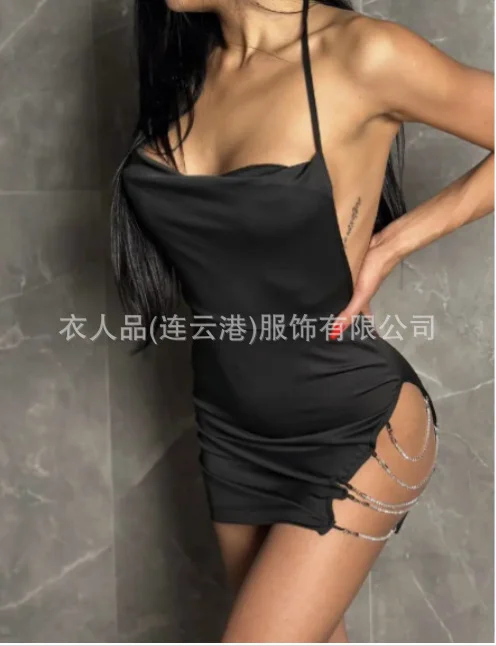 Churchf Dew-Back Hanging Neck Sexy V Hollow Open Forked Ass Skirt Chain Sling Hot Home Suit Suit